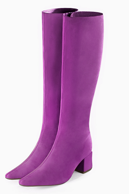 Mauve purple women's feminine knee-high boots. Tapered toe. Medium block heels. Made to measure. Front view - Florence KOOIJMAN